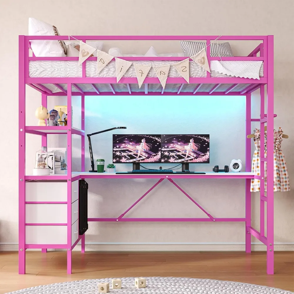Pink Twin Loft Bed with L-Shaped Desk, LED Lights, Charging Station & Storage Shelves