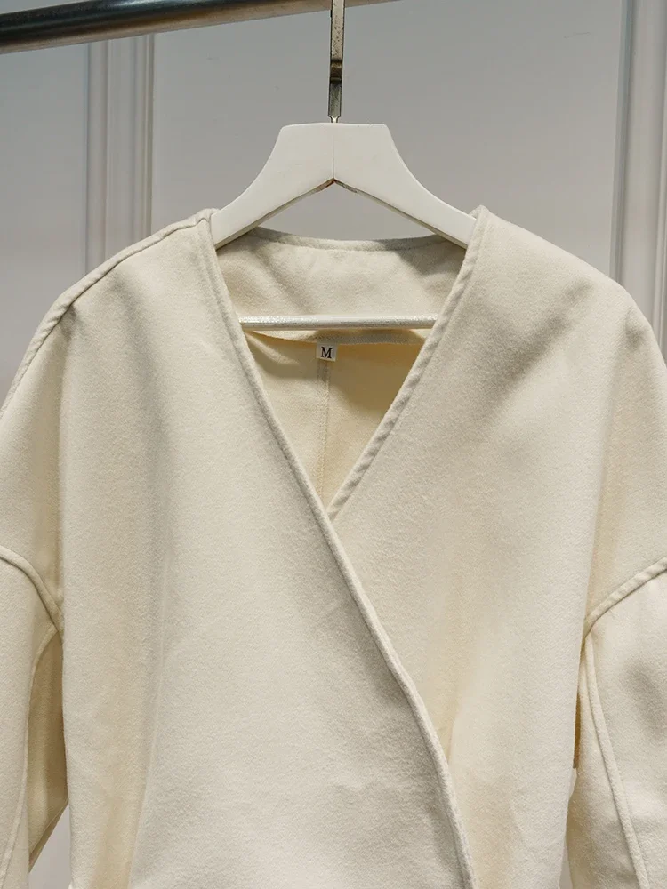 Elegante Wolljacke mit Gürtel und Schnürung für Damen, Herbstmode, Langarm, Kurze Jacke, 2025 Neue Damen-Streetwear-Oberbekleidung – Detail 3