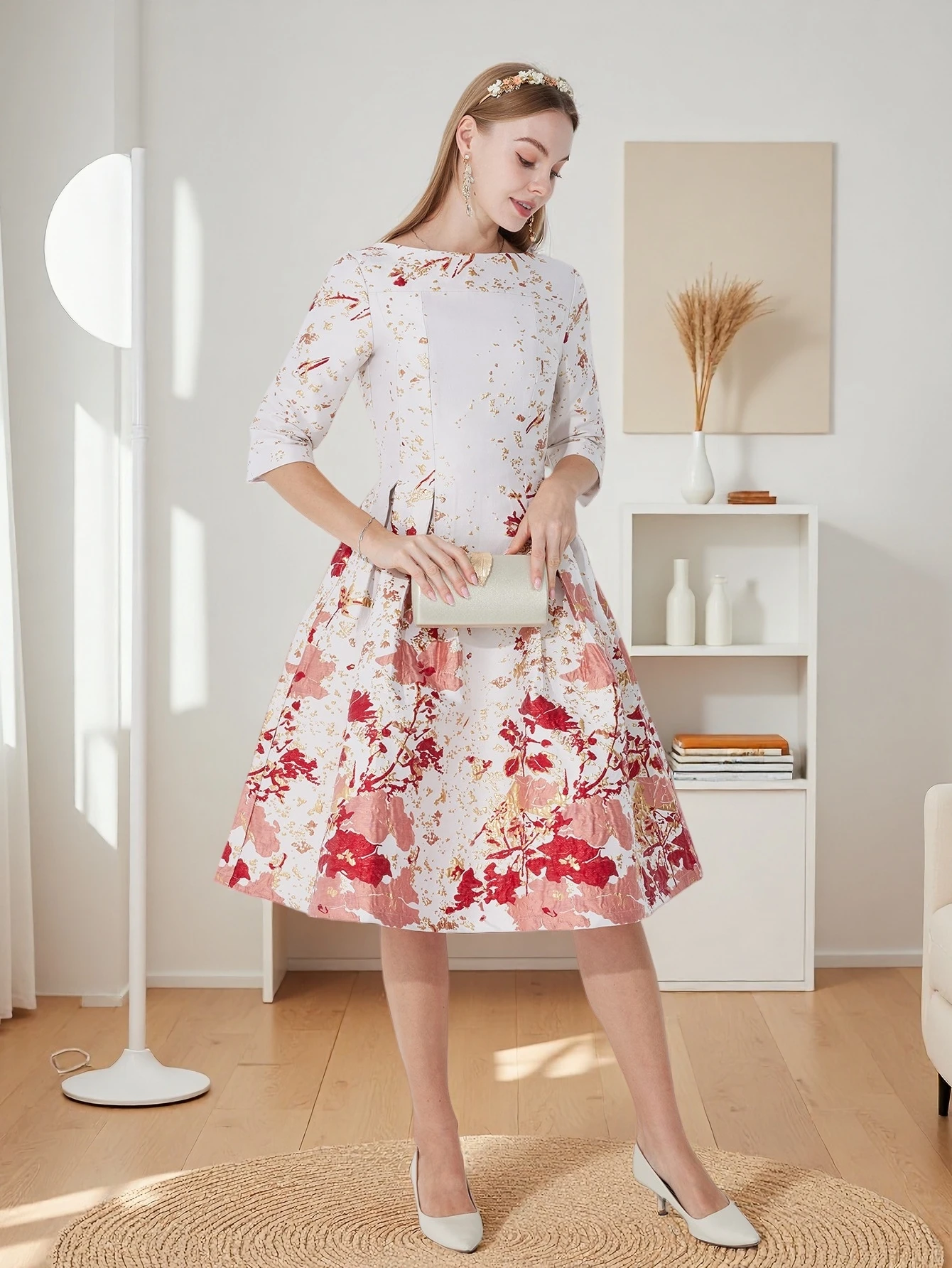 DEVCHATA Women's Floral Party Dress Luxury Mid-Long Jacquard O-neck Ladies Fashion Spring Formal Dress Elegant Vestidos