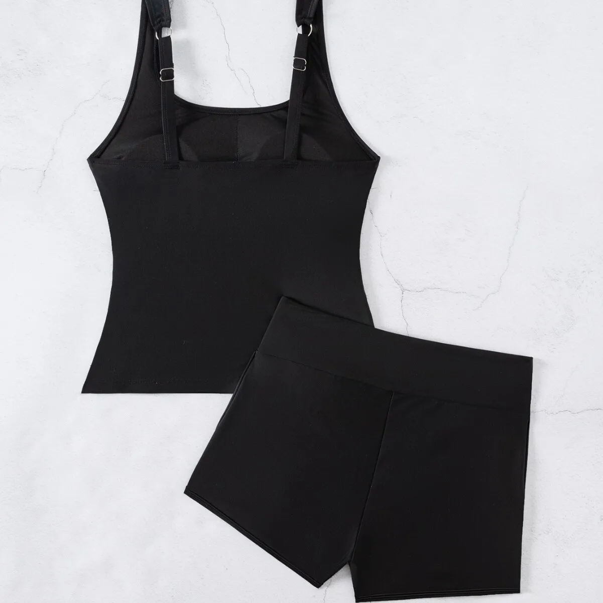 2025 Conjunto de maiô de 2 peças com alça de bolso lateral tankini com gola quadrada sem mangas