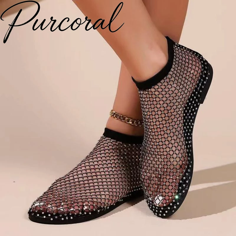 Purcoral 2026 New Women Rhinestone Mesh Ankle Boots Hollow Fishnet Flat Shoes Pointed Toe Crystal Studded Sheer Mesh Booties