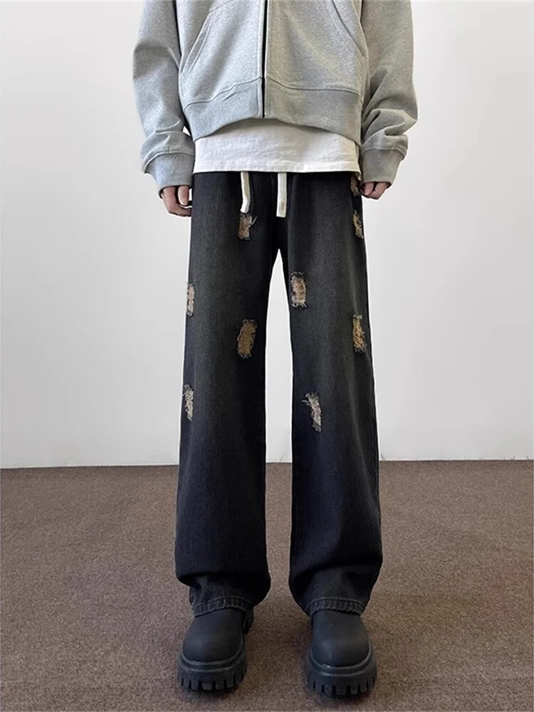 

Мужские рваные джинсы Bla: свободные прямые брюки с широкими штанинами, ретро-стиль, молодежные, однотонные, антимикробные