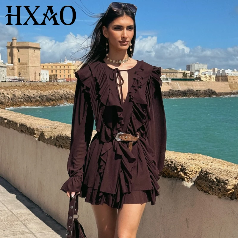 HXAO Damenkleid, geschichtet, kurze Kleider, Sommer, Herbst, 2022, Rüschen, braun, Schnürung, lange Ärmel, einteilig, elegante Kleider
