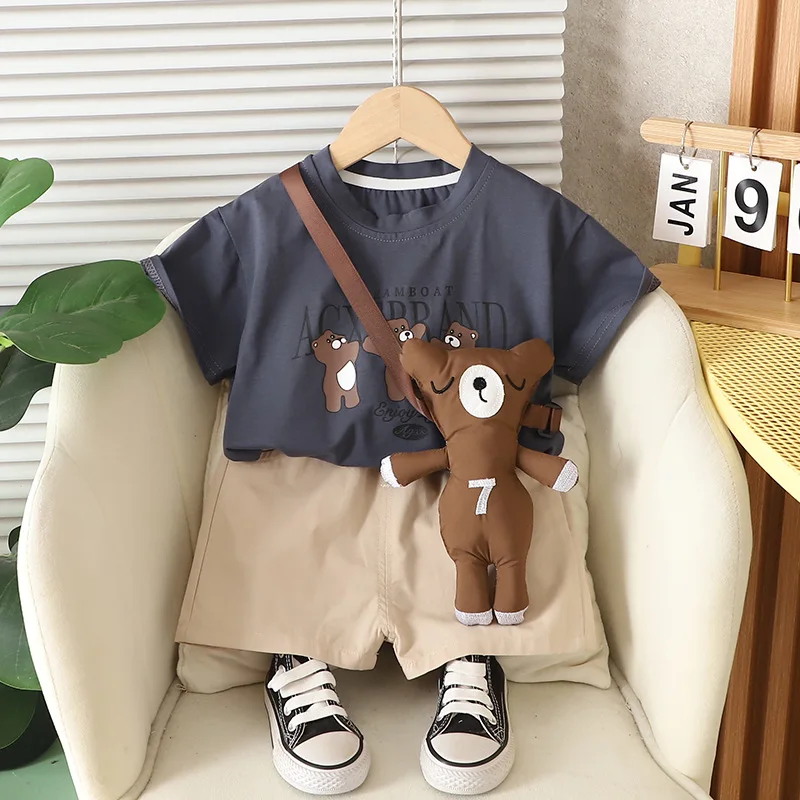 1 2 3 4 5 Years Summer Boys Clothing Sets Cotton T-Shirt + Shorts +Bear 3Pcs Boys Suits Birthday Gifts New Children's Clothing