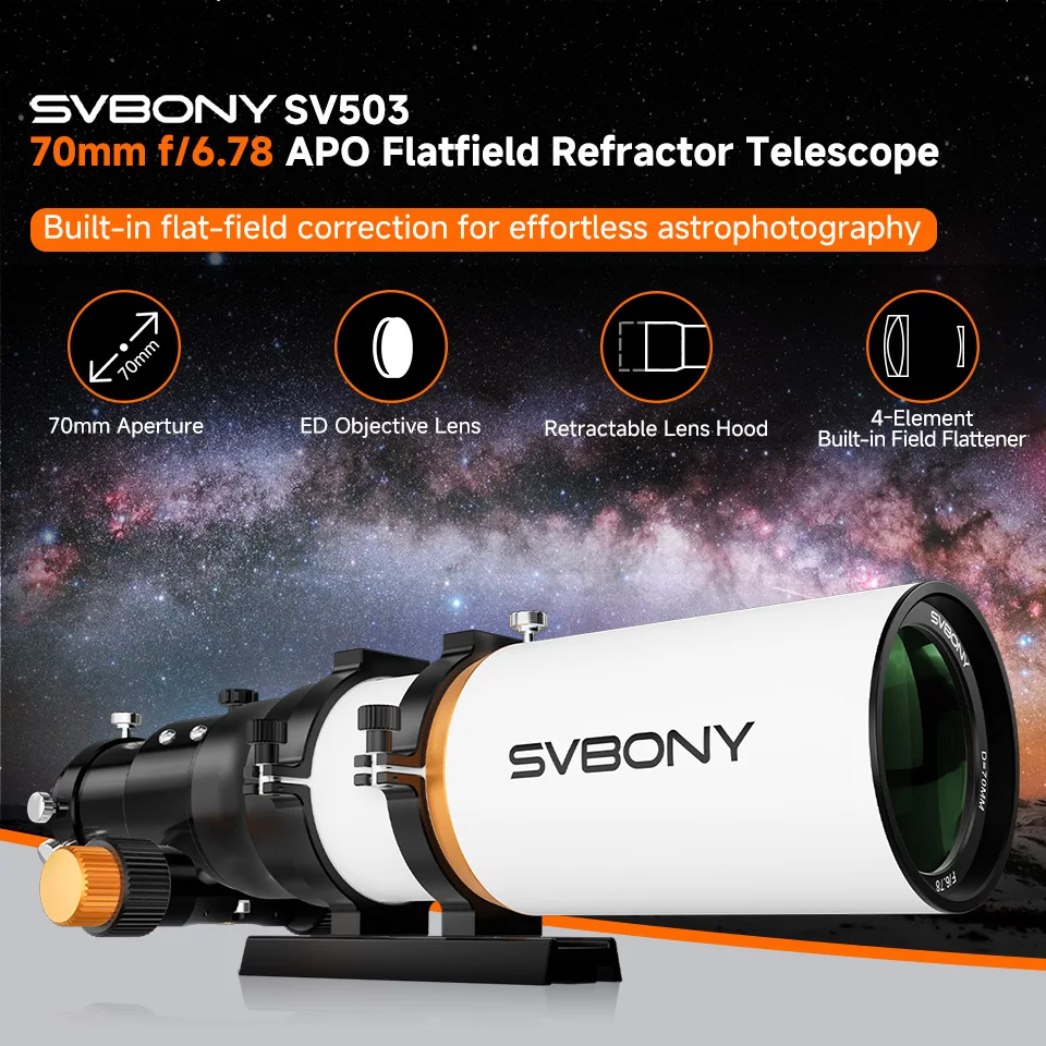 SVBONY SV503 70 mm verbesserte f/6,78 ED-Refraktor-Korrektoren mit 2 Elementen, integriertes Flachfeld für Kameras, APS-C-Sensoren – Detail 1