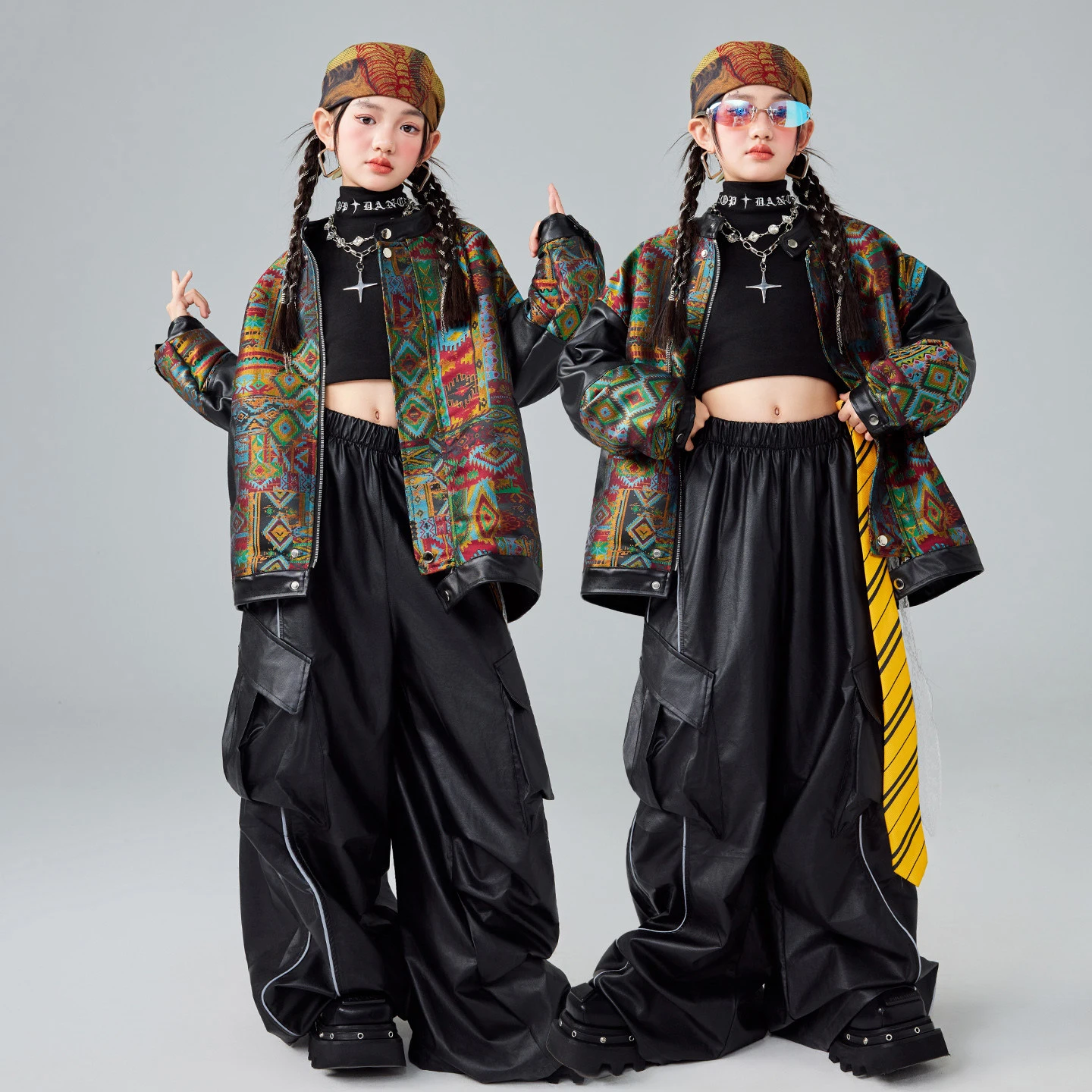 冬子供社交ダンススーツパターンコート革パンツ女の子のためのジャズダンス衣装男の子ヒップホップ服 XS10772