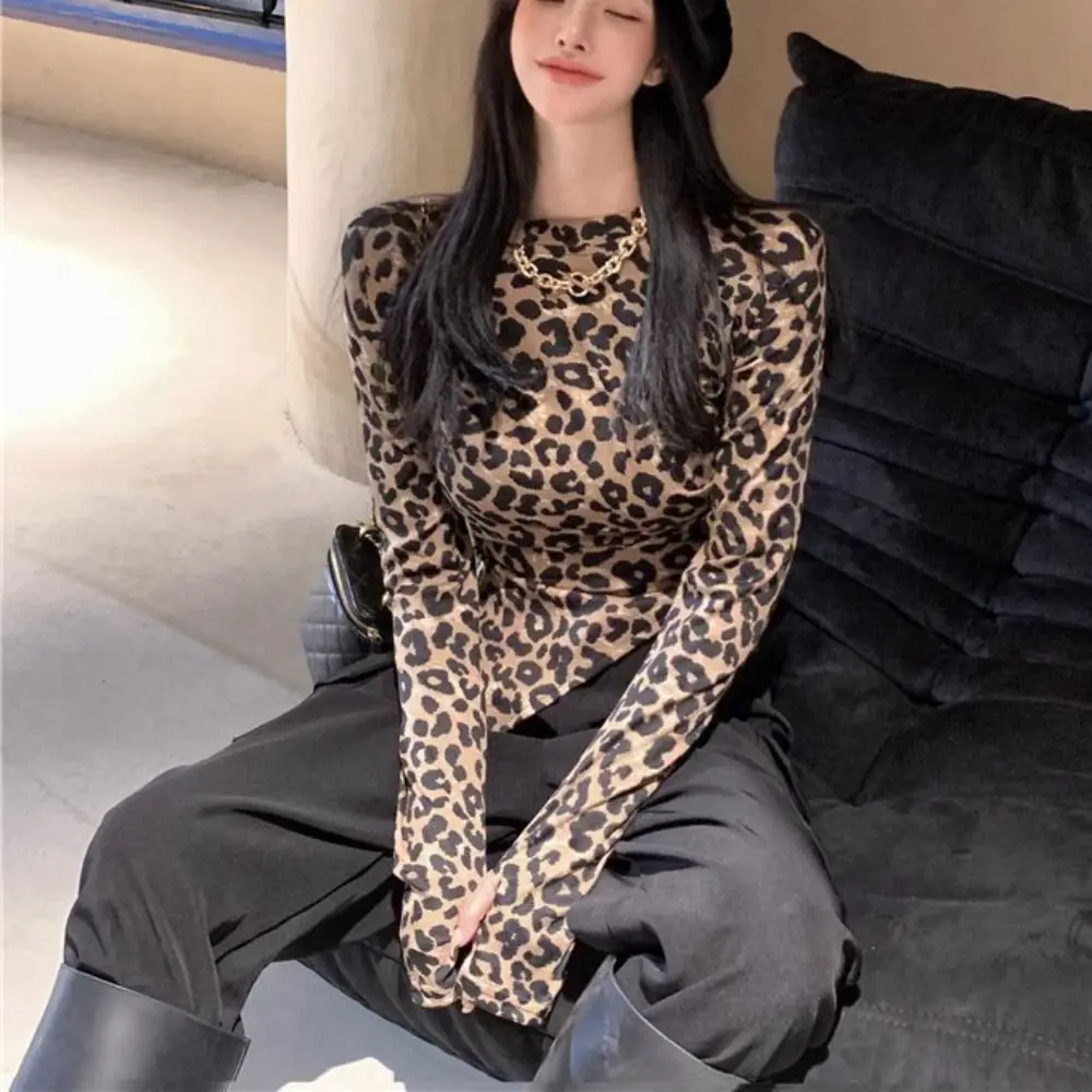 

Retro Irregular Leopard Crop Top Ins Bottoming Shirt Halter Cheesy Tops Female Clothing Vest Leopard T-Shirt Women Summer