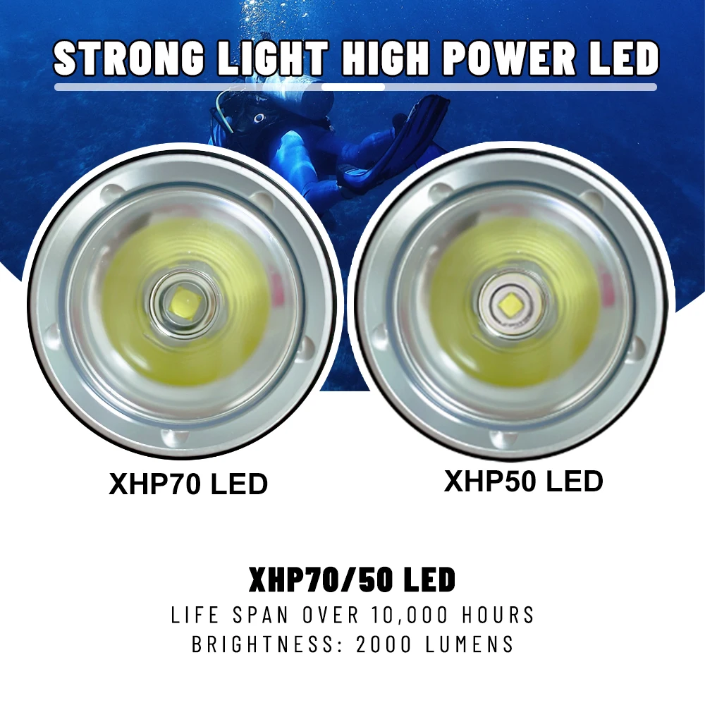 Asafee-水中ダイビング懐中電灯p50/p70 LED 2000lm 150m、防水ipx8、スキューバトーチ、屋外用sosランプ、80m