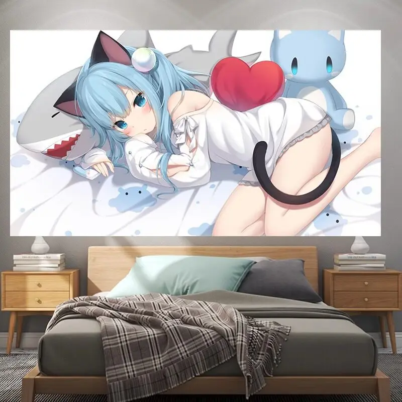 VIKAMA Kawaii Nekomimi Anime Girl Tapestry Blue Hair Cat Ear Shark Pillow Wall Hanging Cute Dorm Background Decor