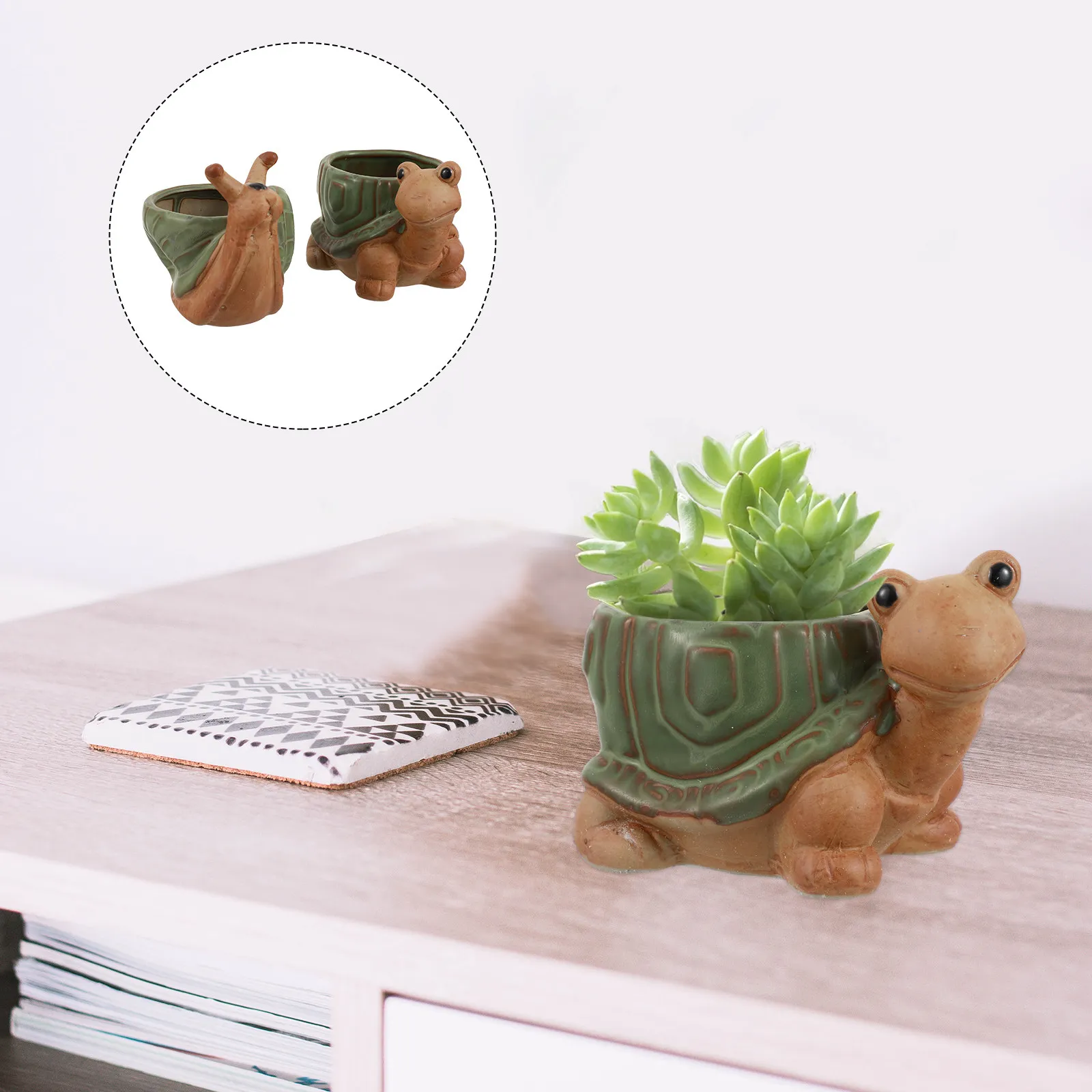 2Pcs Vintage Style Ceramic Animal Succulent Planter Set Rustic Small Flower Pots for Succulents Cactus Indoor Tabletop Shelf