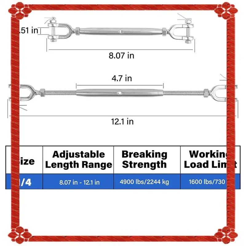 24-Hour Delivery 4PCS Turnbuckle,1/4In (M6) 304 Stainless Steel Turnbuckle,1600Lbs Working Load Limit,Closed Body Jaw And Jaw Tu