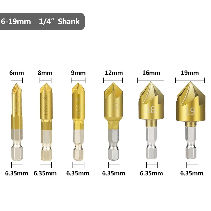 XCAN Hex Shank Countersink Drill Bit 6-19mm Set Titanium Coated 5 Flute Hole Drill 90 Degrees Wood Chamfering Cutter