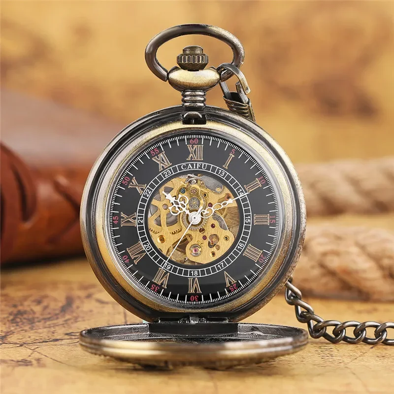 Vintage Hollow Phoenix Case Men Women Automatic Mechanical Movement Pocket Watch Pedant Chain Clock Roman Number Dial Reloj Gift