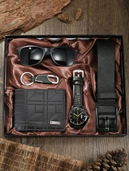 New men's 5-piece gift box set, fashionable and versatile leather watch, handsome sunglasses, belt, keychain, casual wallet, gif