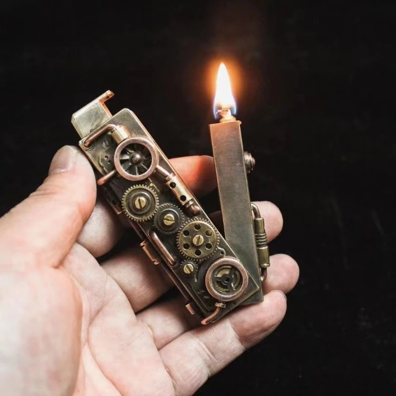 Handmade Mechanical Punk Kerosene Lighter Pure Copper Gear Welding V-shaped One Key Press Ejection Ignition Smoking Accessories