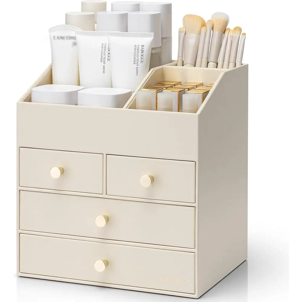 

Органайзер для косметики на столешницу, большой органайзер для туалетного столика из искусственной кожи с 4 ящиками, органайзер для парфюмерии, подставка для косметики