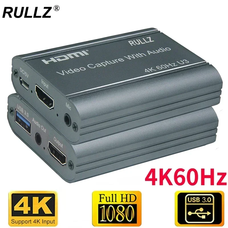 4K 60Hz U3 HDMI Video Capture Card W/ 3.5mm Audio Mic Hdmi Loop Game Recording Box 1080P 60fps USB 3.0 2.0 Live Streaming Plate