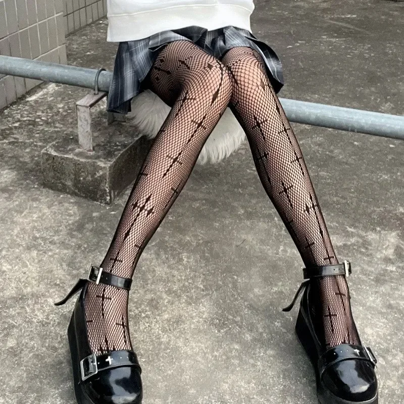 Collants gothiques Lolita pour filles, imprimés Crux, chaussettes longues en maille et Nylon pour femmes, bas de corps Sexy de fête, Costumes en résille