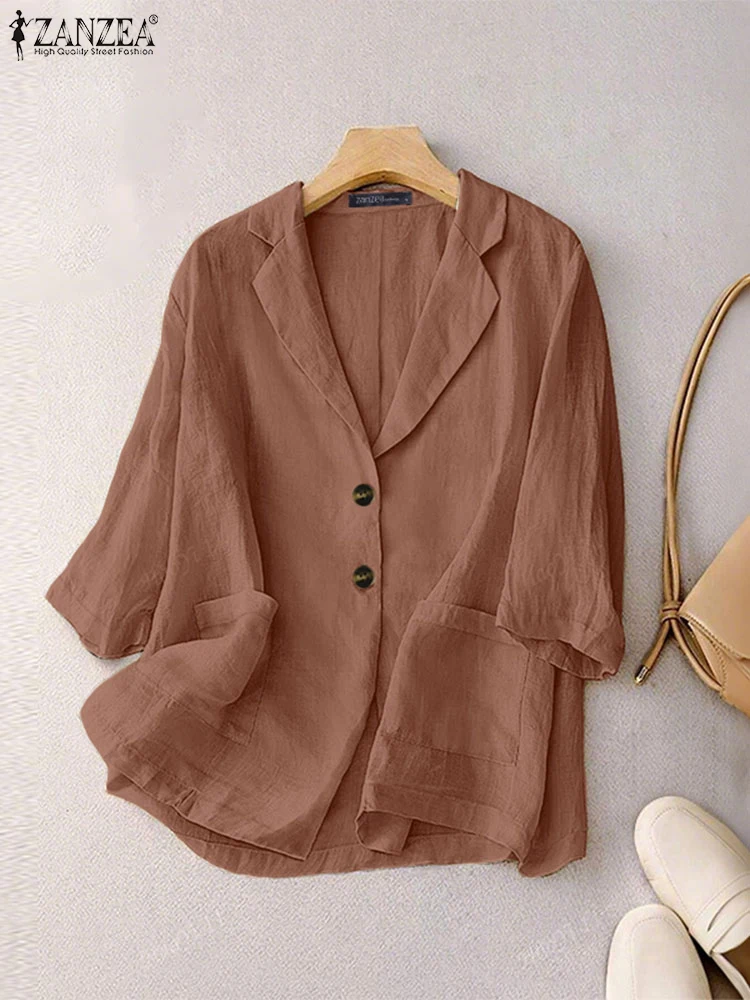 Casual Loose Korean Style Blazer ZANZEA 2025 Spring Summer Suits Fashion Office Work Outwears Solid Color 3/4 Sleeve Coats
