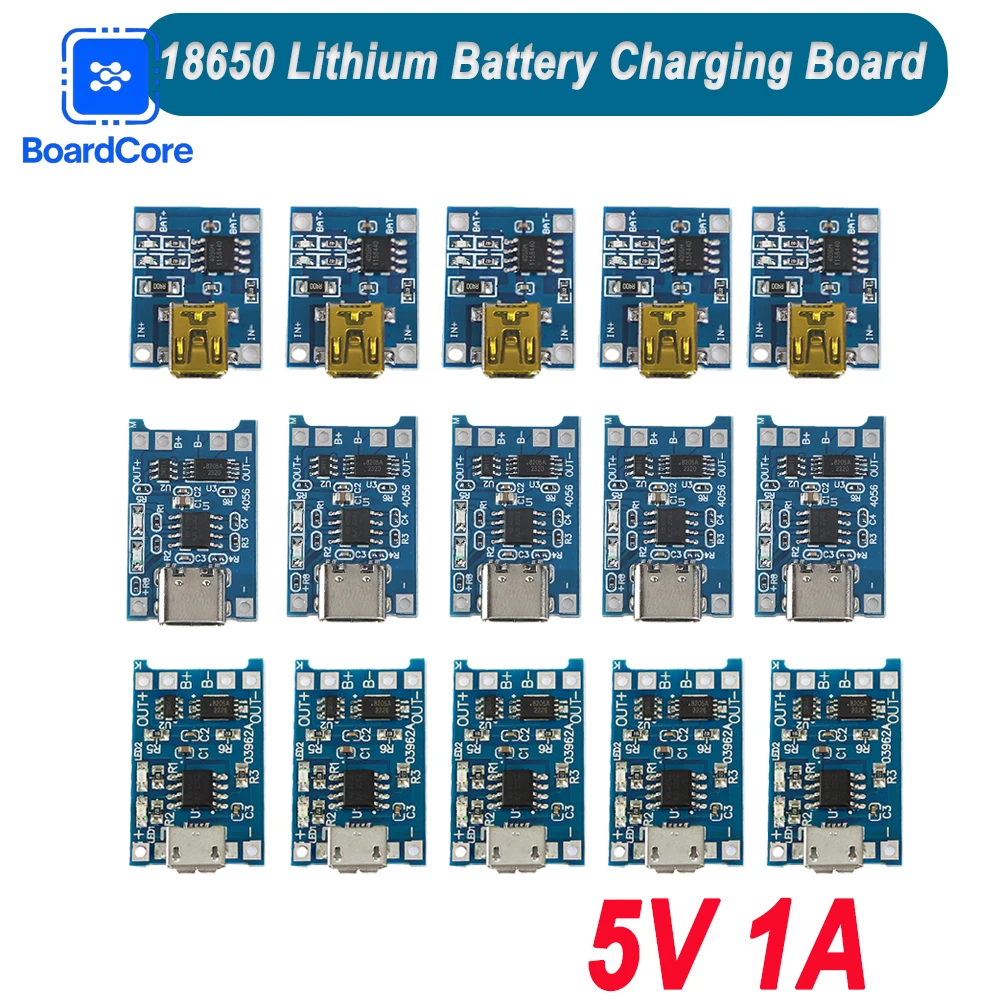 5/10pcs 5V 1A 18650 Lithium Battery Charging Board PLR TP4056 Lithium Charge Module Mini / Micro USB / Type C With Protect