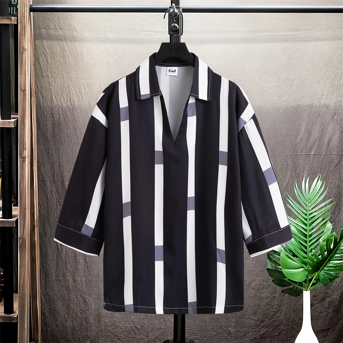 

Летняя тонкая рубашка из ледяного шелка с коротким рукавом, в полоску, мужская, повседневная, свободного кроя, больших размеров, с воротником, длиной три четверти, дышащая