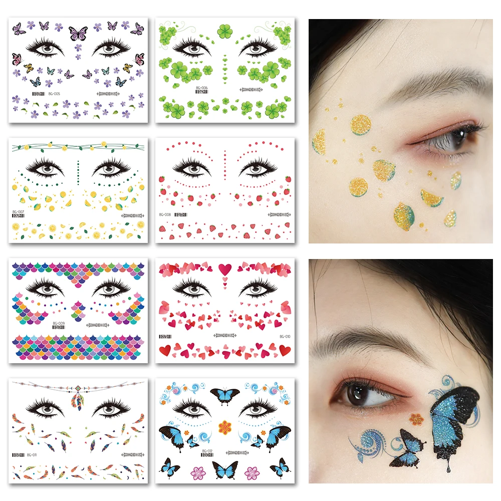 Glitter Powder Flower Butterfly Tattoo Stickers Temporary Waterproof Eyes Face Festivals Body Art Fake Tattoos Women Cosmetics