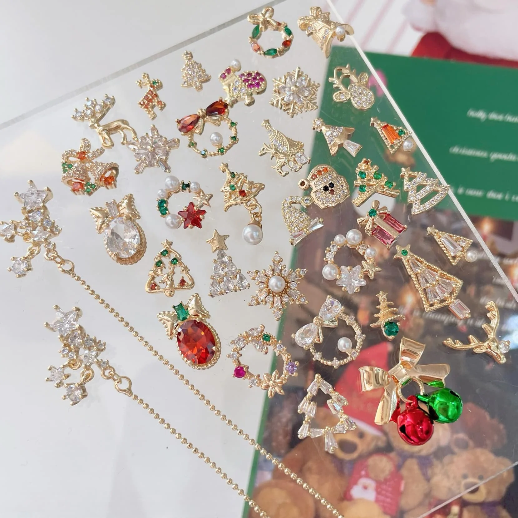 10pcs Christmas Tree Bell Santa Snowflake Elk Zircon Rhinestones Nail Art Decorations Jewelry Charms Supplies for Nails Accessor