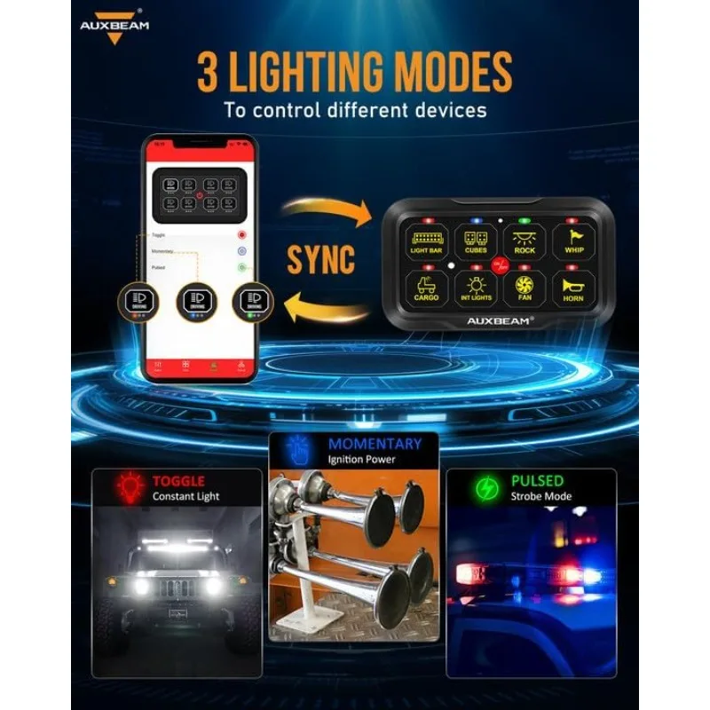 RGB Bluetooth 8 Gang Switch Panel AR-820 Toggle Momentary Pulsed Switch Pod for Truck UTV Offroad Boat Auxiliary LED