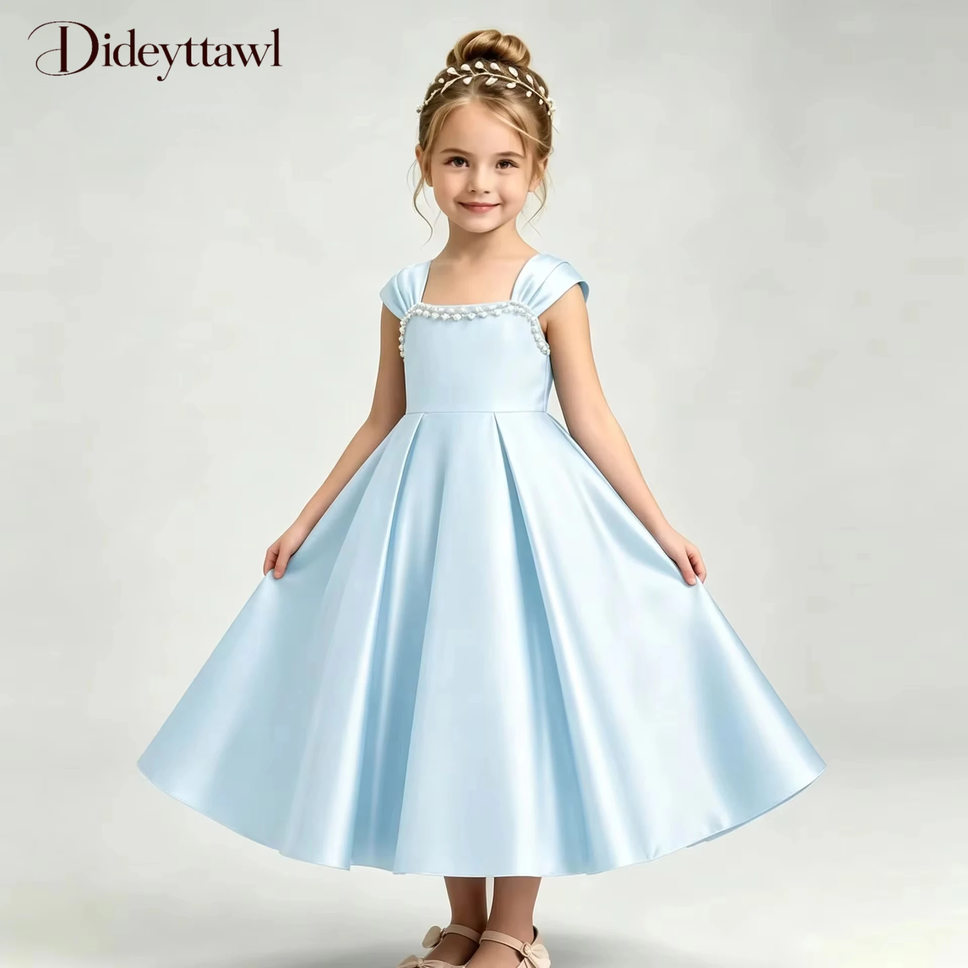 Dideyttawl Satin Long Party Dress Square Neck Pearl Beading Kids Formal Evening Gown Multi Color Flower Girl Dress For Wedding