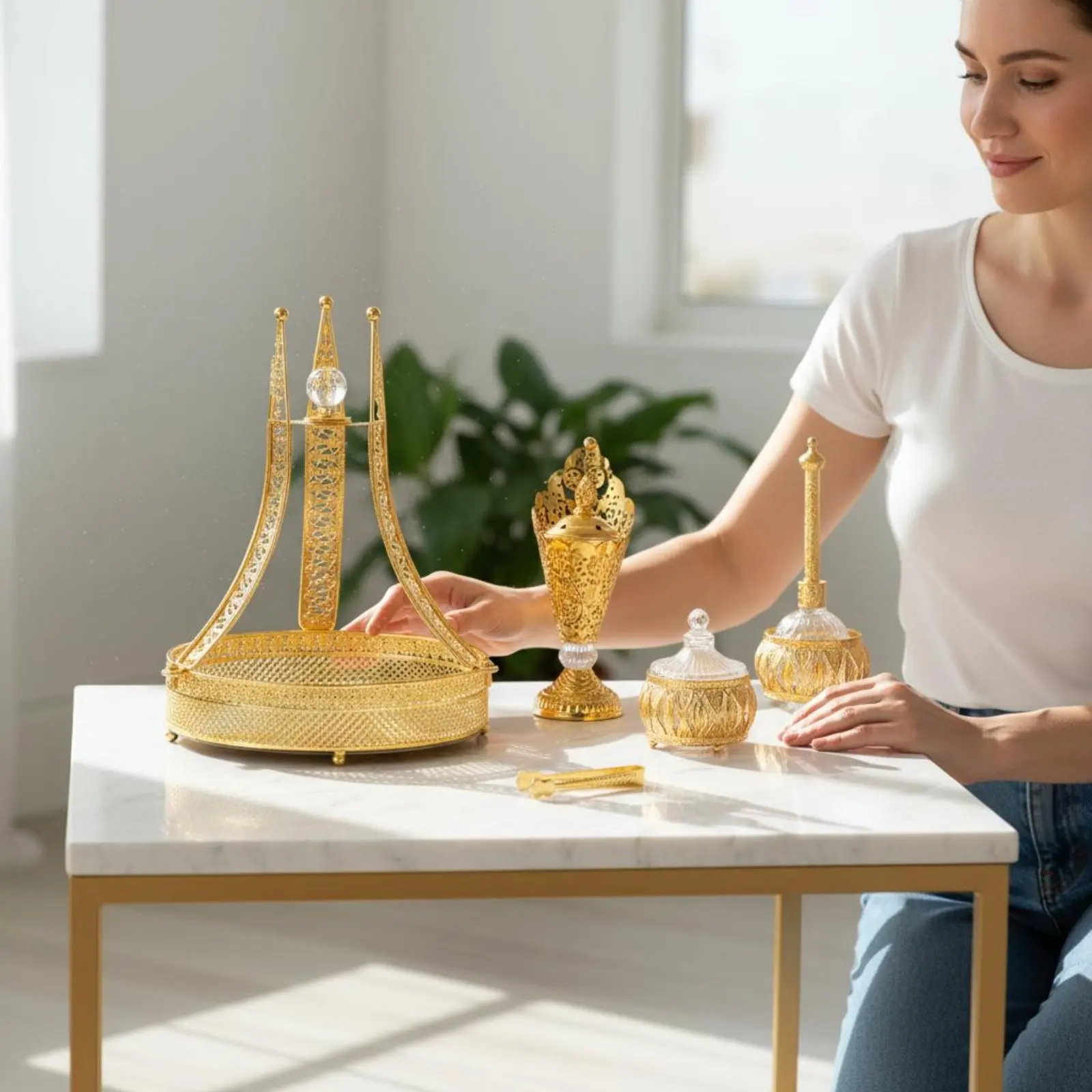 5 Pieces Arabian Incense Burner Set Luxury Design Gold Incense Burner Set Home Ornament Metal Craft Gift Choice for Living Room