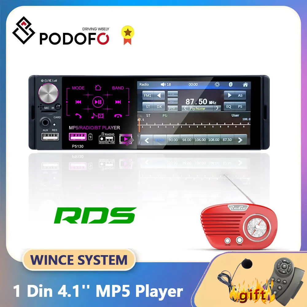 

Podofo 1 Din Car Radio Autoradio Stereo Audio RDS Microphone 4.1 inch MP5 Video Player USB MP3 TF ISO In-dash Multimedia Player