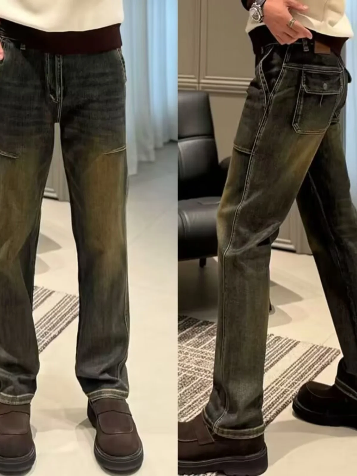 

Новинка 2025, мужские прямые джинсы, свободные универсальные повседневные брюки в американском стиле High Street, модные длинные брюки в стиле ретро, молодежная мода