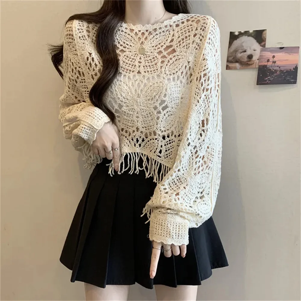 Bohemian Butterfly Crochet Cover Up Tops Women Beige Hollow Out Fringe Long Sleeve Cropped Summer Beach Casual Loose Knit Blouse