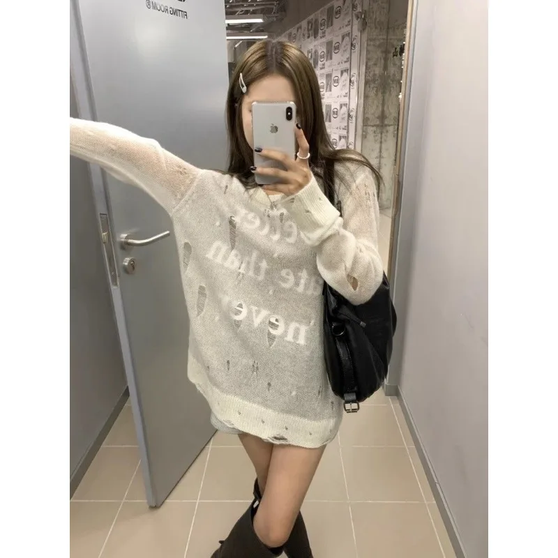 Deeptown Y2k White Hollow Out Women Kint Sweaters Harajuku Letter Pullovers See Through Korean Fashion Oversized Autumn Knitwear