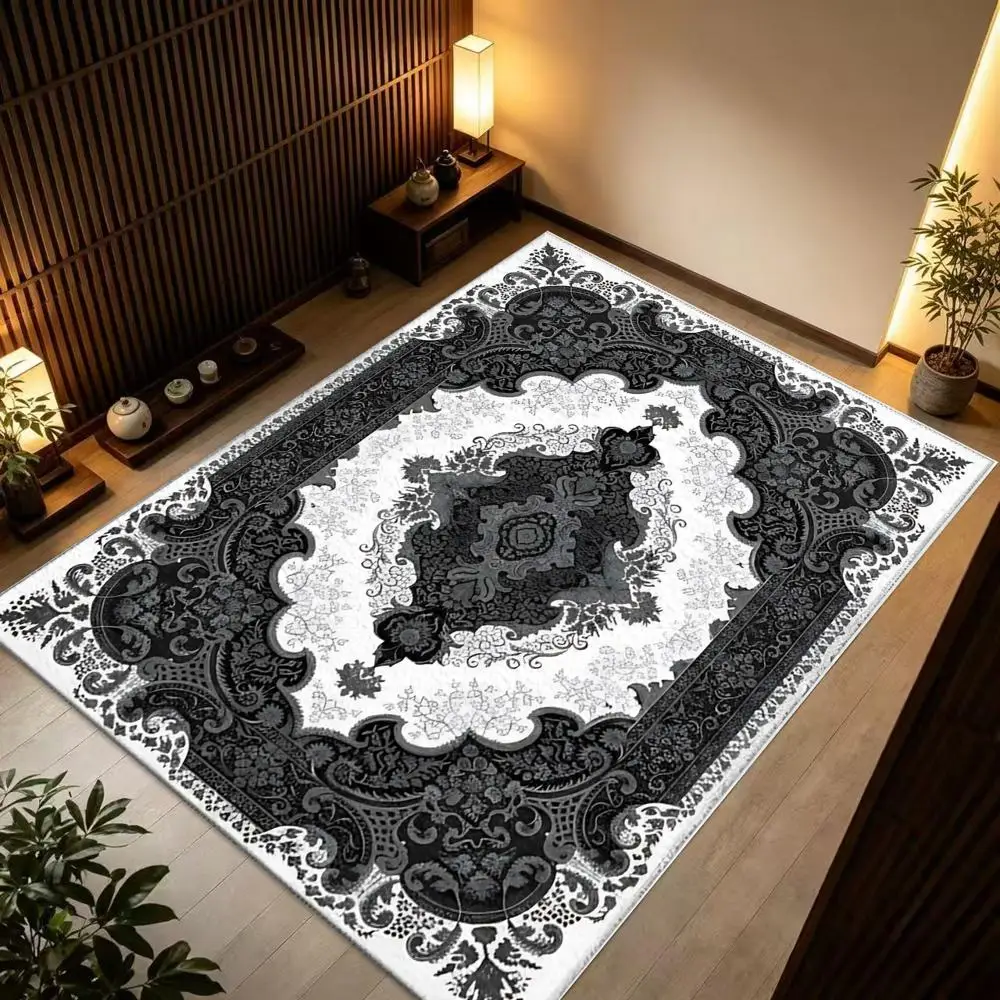 Black White Vintage Ornate Square Area Rug Classic Persian Medallion Non-Woven Floor Carpet for Home Living Room Decor