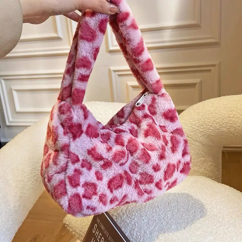 Sacs à main College de vache en peluche moelleux pour femmes, motif zèbre doux, sac de voyage initié, sacs sous les bras féminins, petits sacs à