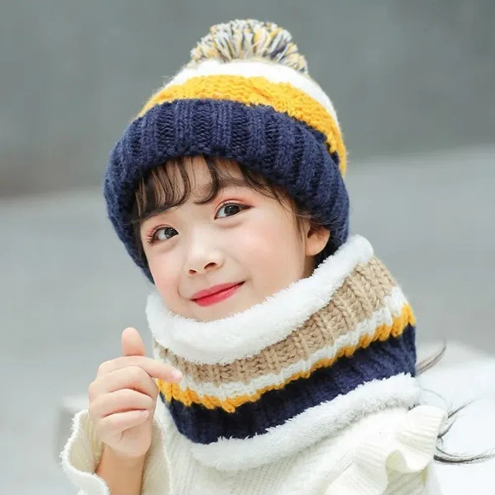 Sweet Velvet Knitted Wool Ball Hat Fleece Lined Thick Fleece Beanie Hat Scarf Set Keep Warm Cap Scarf Set for Winter