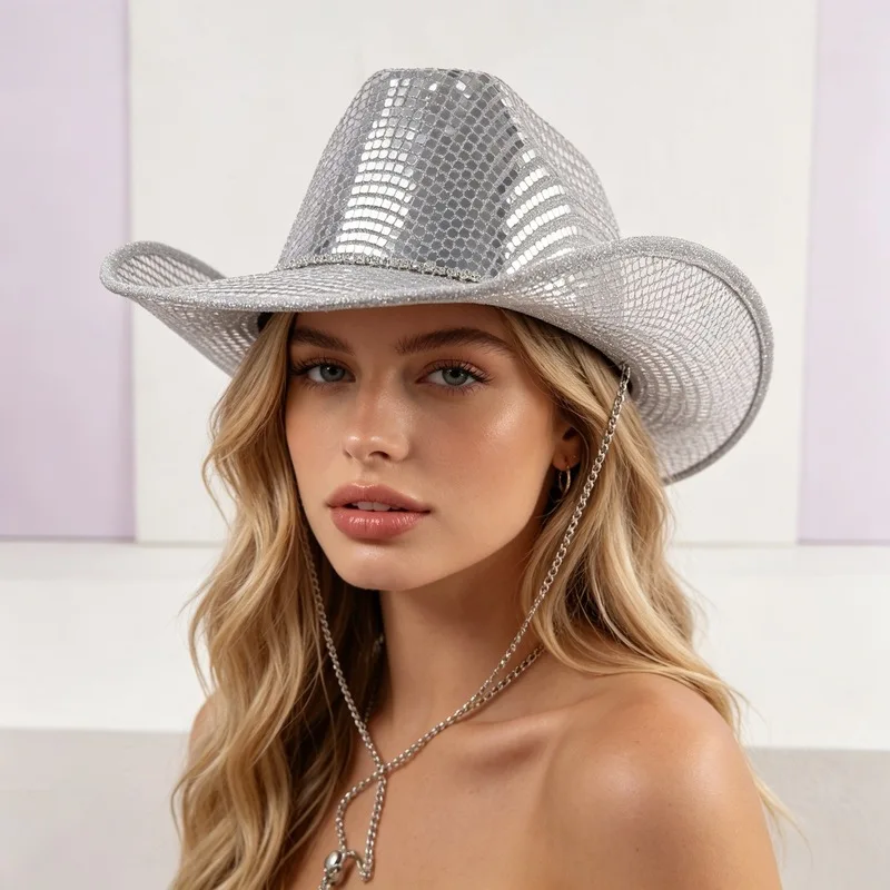 Silver mirrored cowboy , wide-brimmed sun hat, perfect for music festivals, parties, and taking photos, with a nightclub vibe