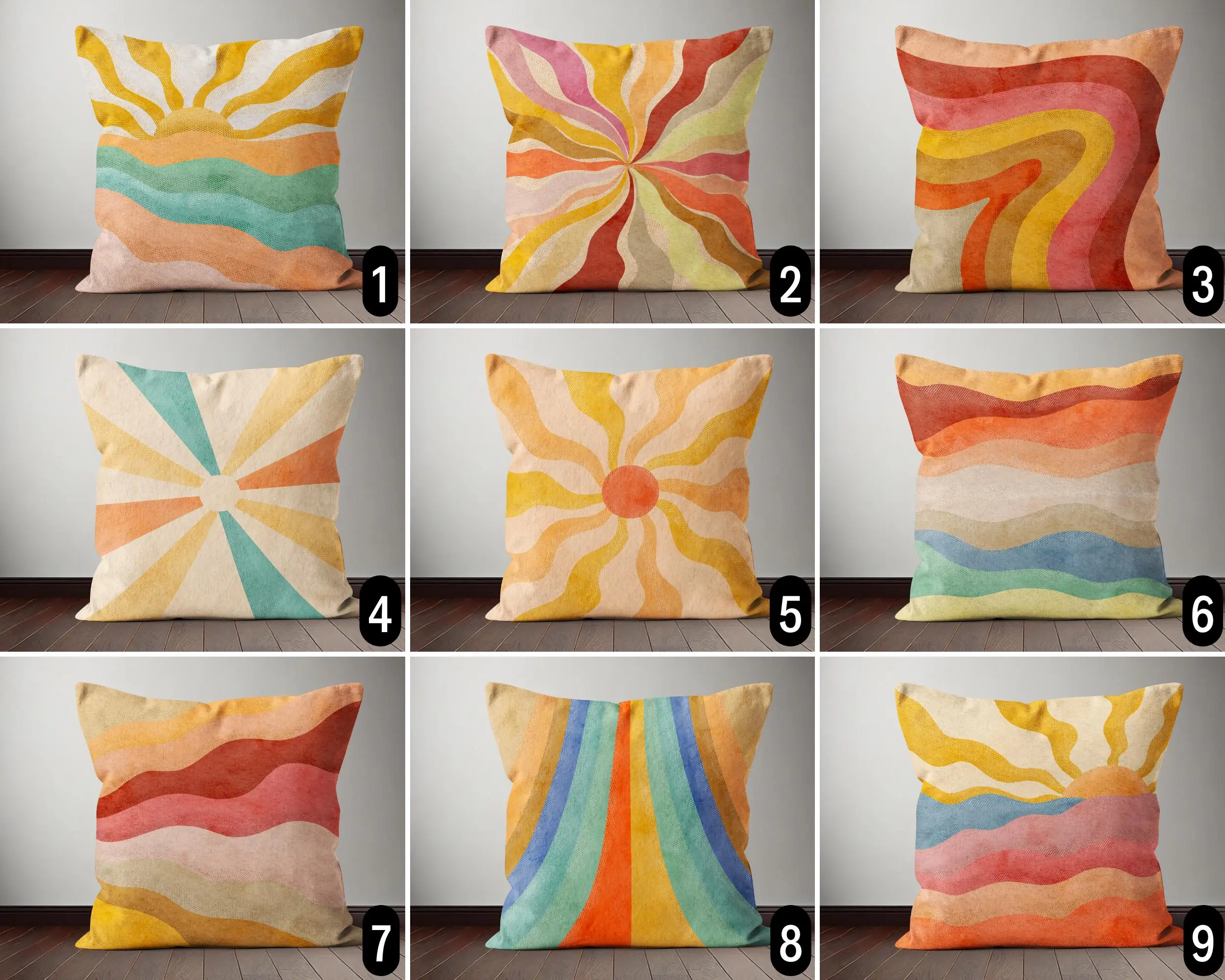 1pc Boho Retro Sun Rainbow Throw Pillow Cover 2D Double-Side Print Polyester Cushion Case for Farmhouse Sofa Neutral Aesthetic H