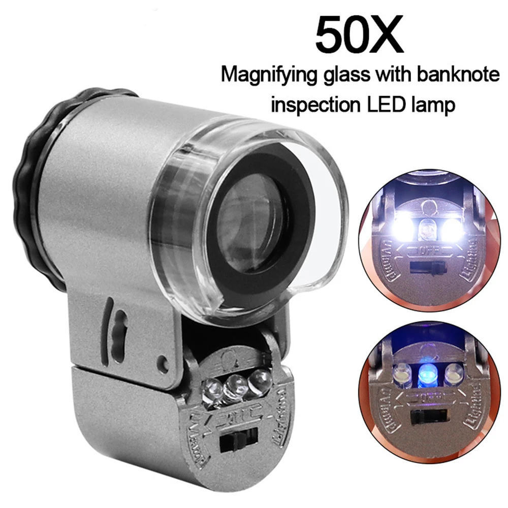 Lupa Dobrável Portátil com Iluminação Mini Microscópio de Bolso Handheld Lupa Jóias Moedas Selos Antiguidades 50x