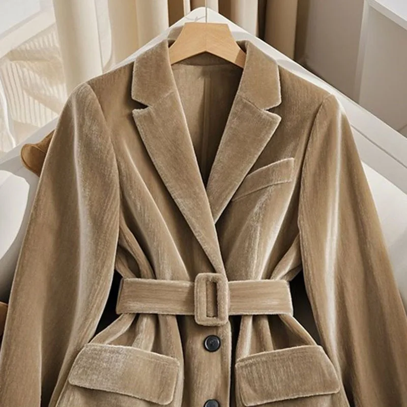 

Fashion Design Gold Velvet Suit Jacket Women's Suit Top Casual Versatile Coffee Thickened Spring Autumn Winter Jacket Match Belt