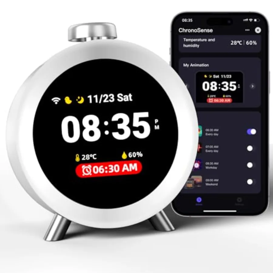

Умный будильник ChronoSense для спальни с отображением температуры и влажности, программируемый на 7 дней, 4 будильника, громкий (100 дБ), с функцией постепенного пробуждения для тех, кто легко просыпается