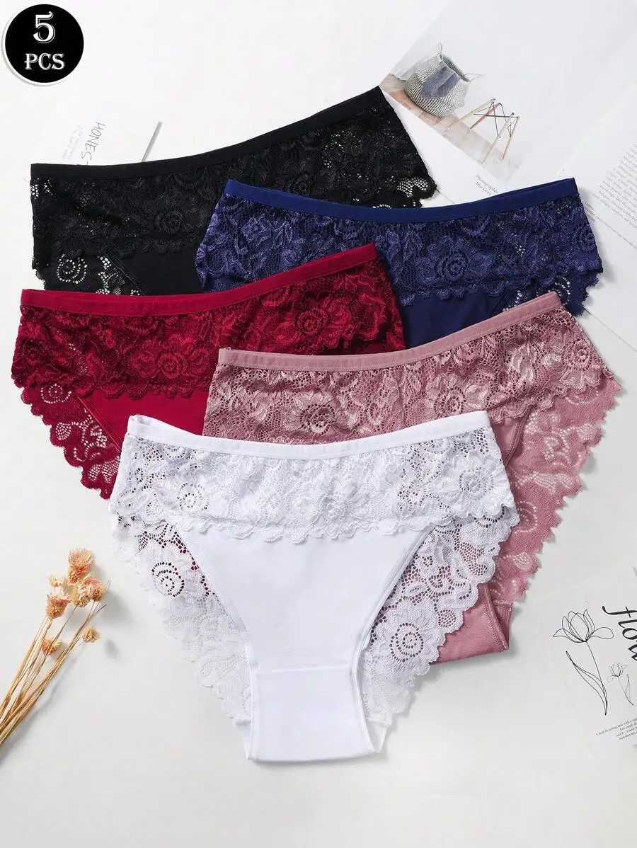 

5 Pcs Women Lace Trimmed Cotton Blend Breathable Bikini Panties