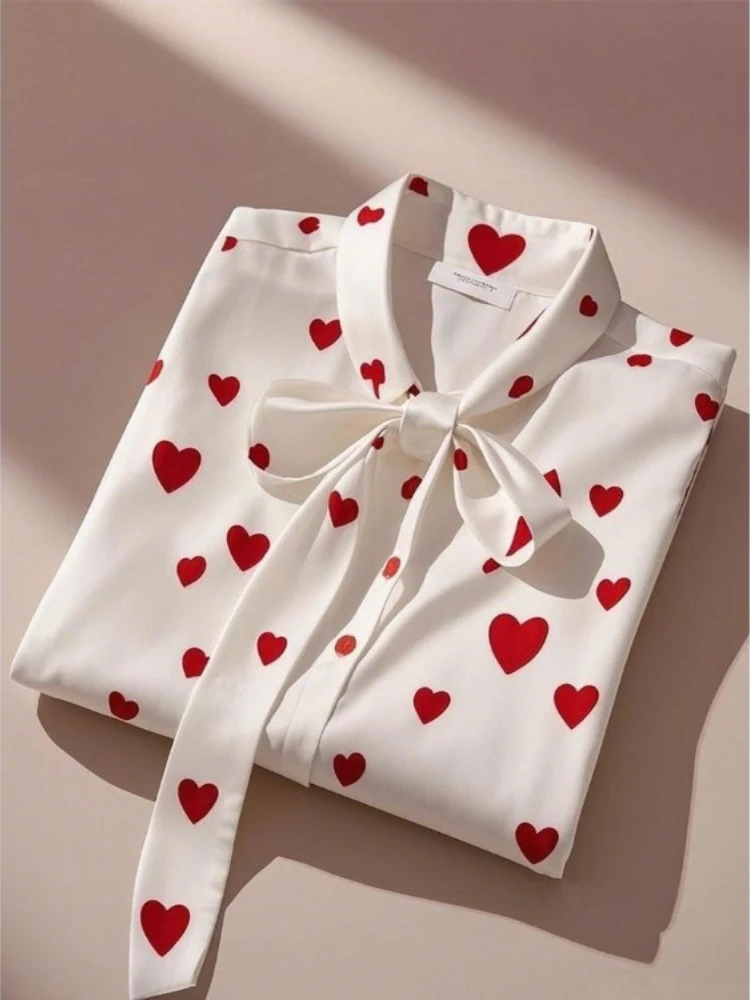 

Sweet Heart Print Bow Lace Up Shirts Women 2025 Spring New White All-match Blouses Y2k Long Sleeve Loose Blusas Mujer