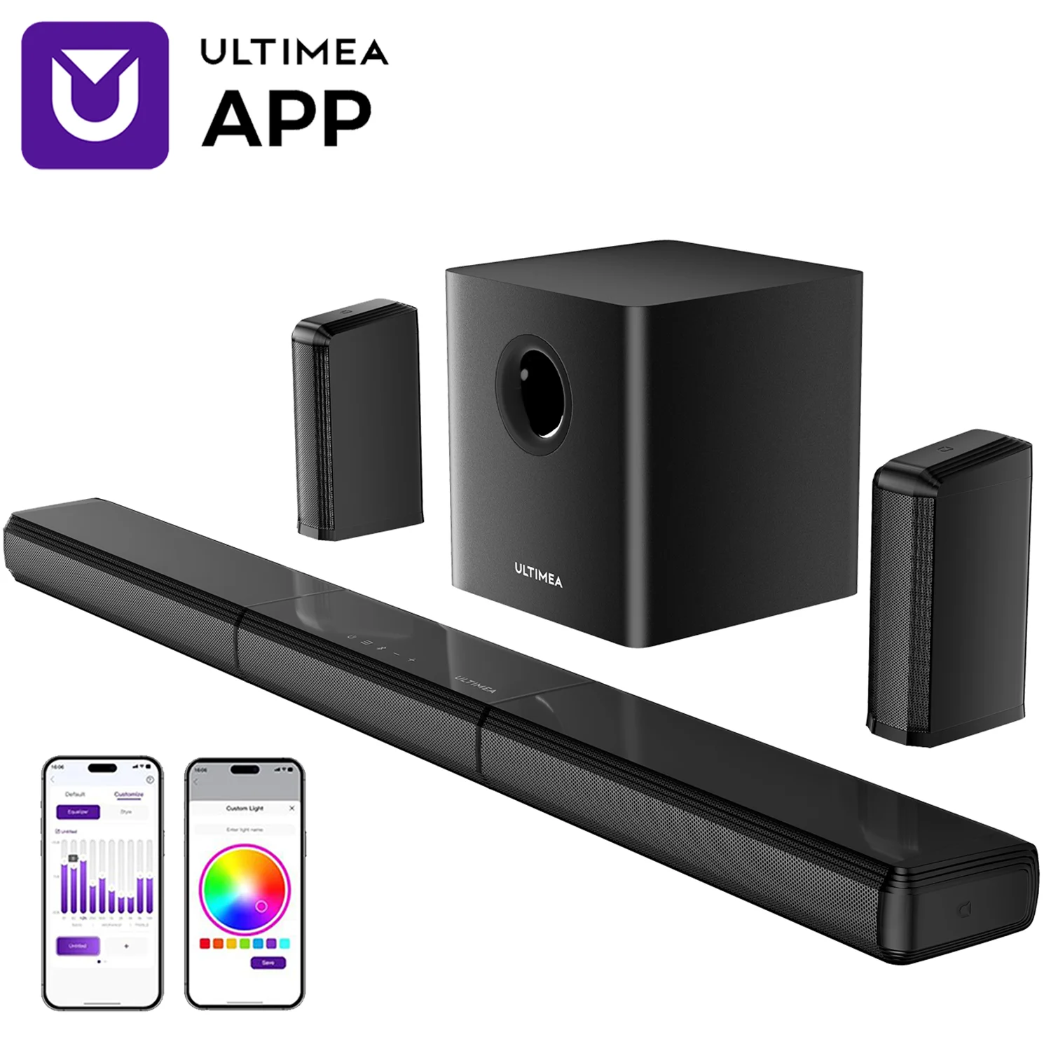 

ULTIMEA 7.1ch Virtual Surround Sound Bar, Sound Bar for Smart TV with 2 Surround Speakers, Surround Sound System for TV with RGB