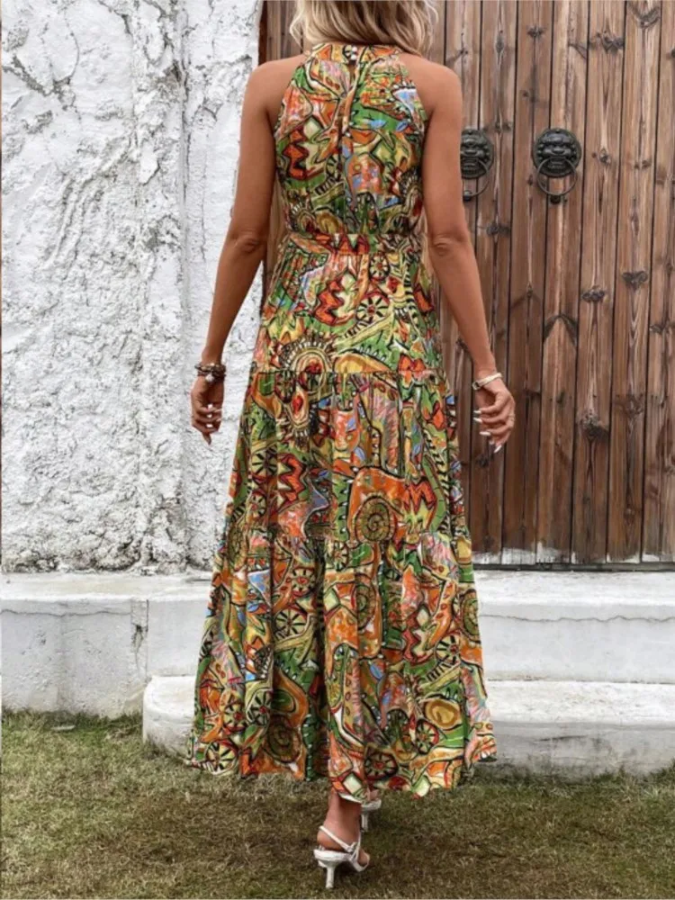 Damen kleid eleganter Druck ärmellose O-Neck holder schulter freie Kleider Vintage Taille schnüren Boho Frauen langes Kleid Vestidos