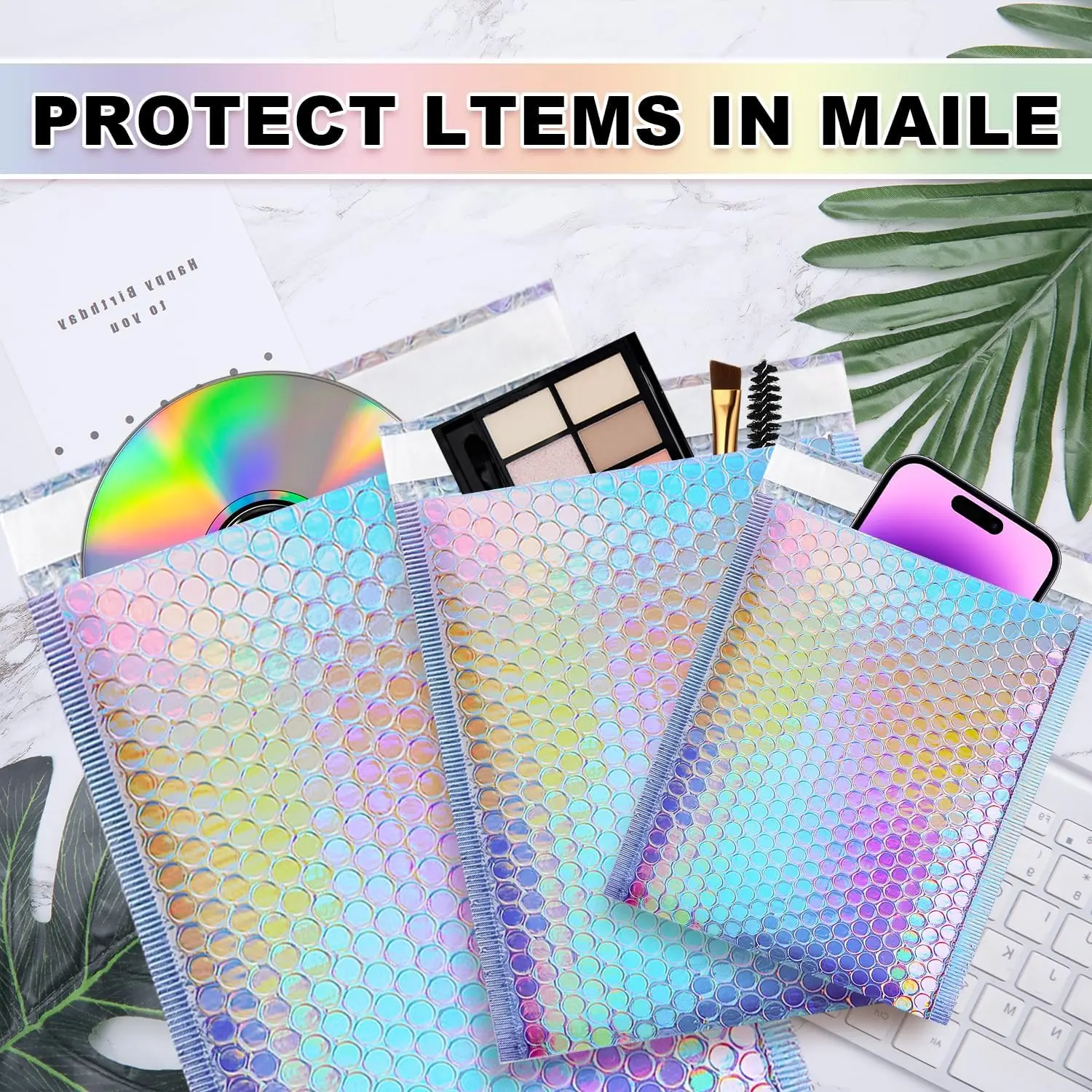 100 Pcs Holographic Bubble Mailers,Metallic Bubble Mailers,Waterproof Poly Padded Envelopes,Self Sealing Cushion Envelopes