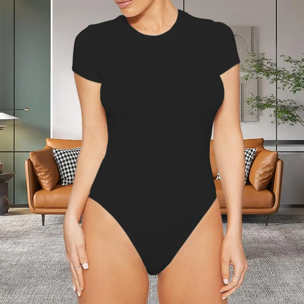 

Women Playsuit Round Neck Short Sleeves Skinny Tight Elastic Bodysuit Anti-shrink Casual Soft Breathable Female Clothing 점프슈트