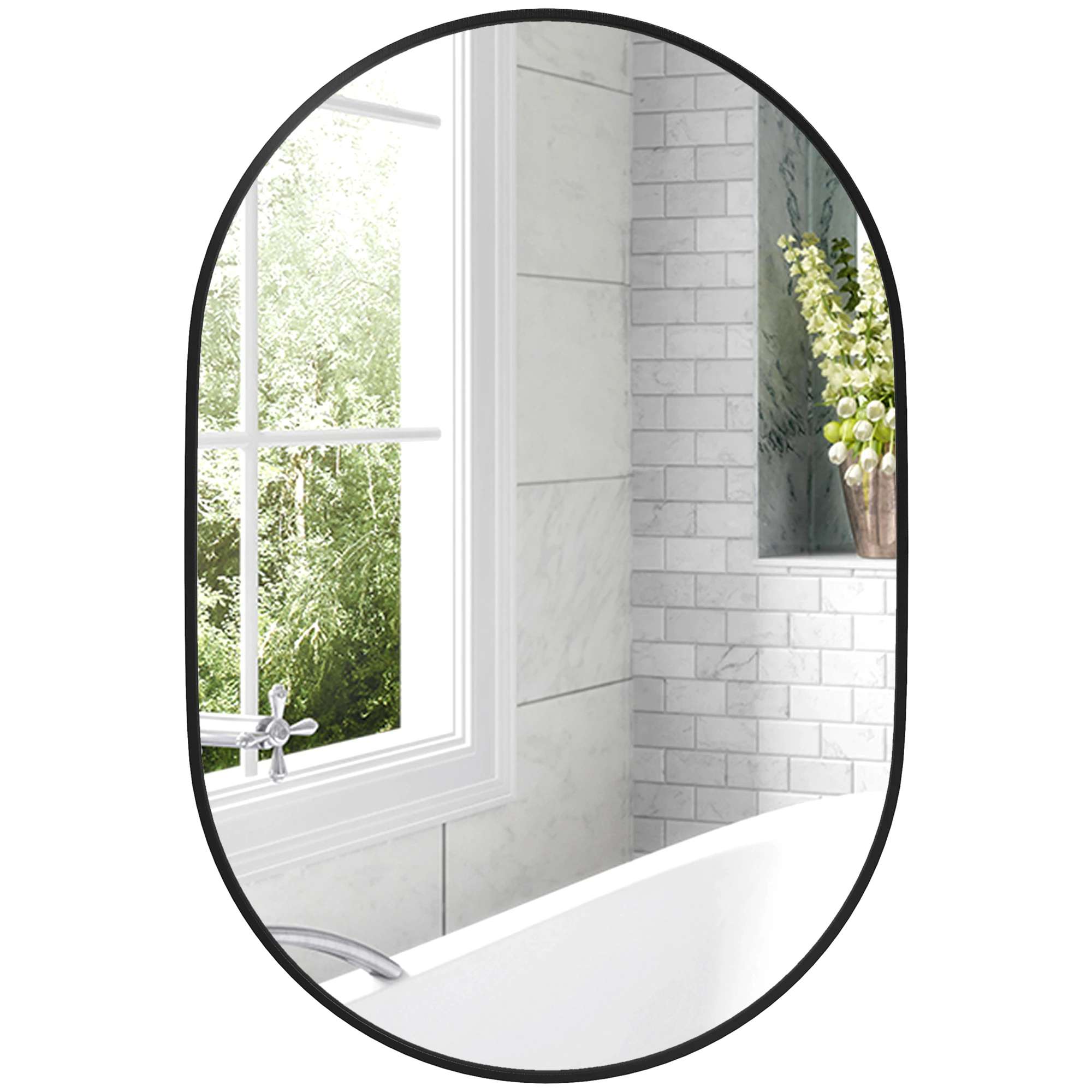 Espejo de Baño Ovalado 60x90 cm Espejo Decorativo de Pared con Marco de Aluminio para Salón Horizontal o Vertical Negro