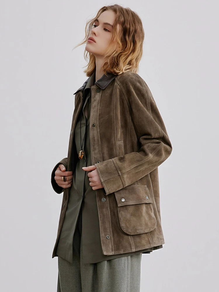 Giacche cargo vintage classiche in vera pelle per donna Autunno Inverno 2025 Nuovo cappotto in vera pelle scamosciata di montone sottile semplice di fascia alta